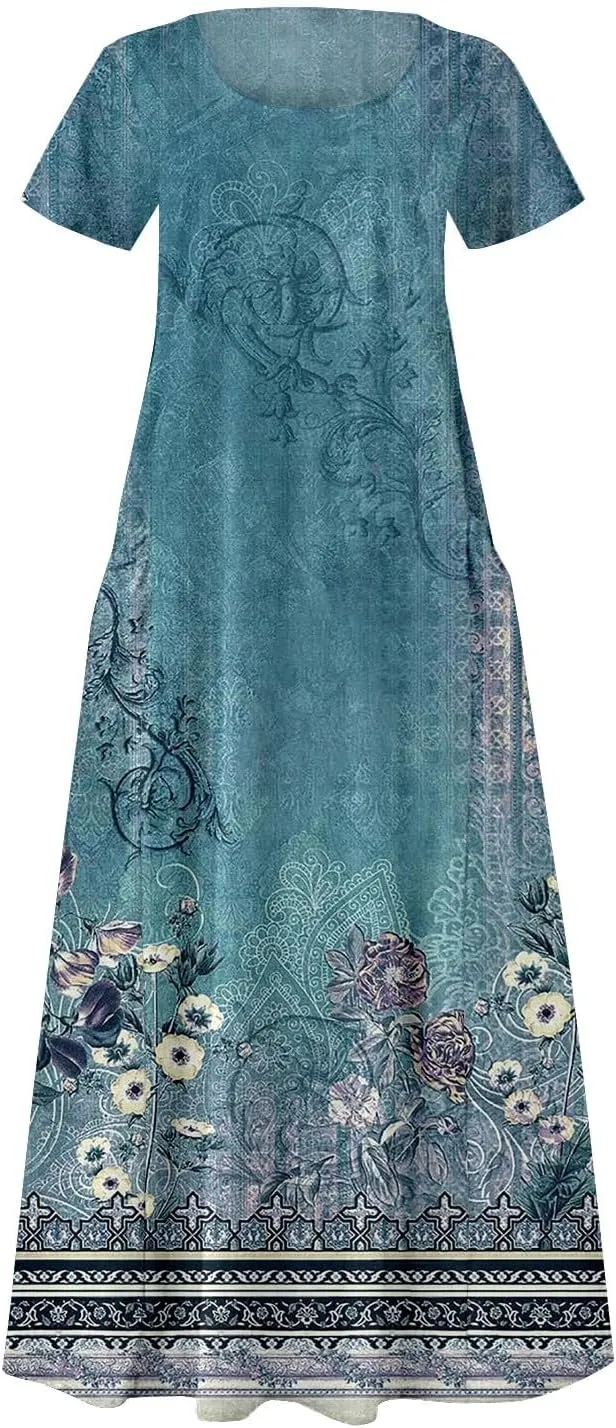 Casual Summer Boho Dress Sleeveless V Neck Flowy Tiered Ruffle Beach Maxi Sundress with Pockets Elastic Waist
