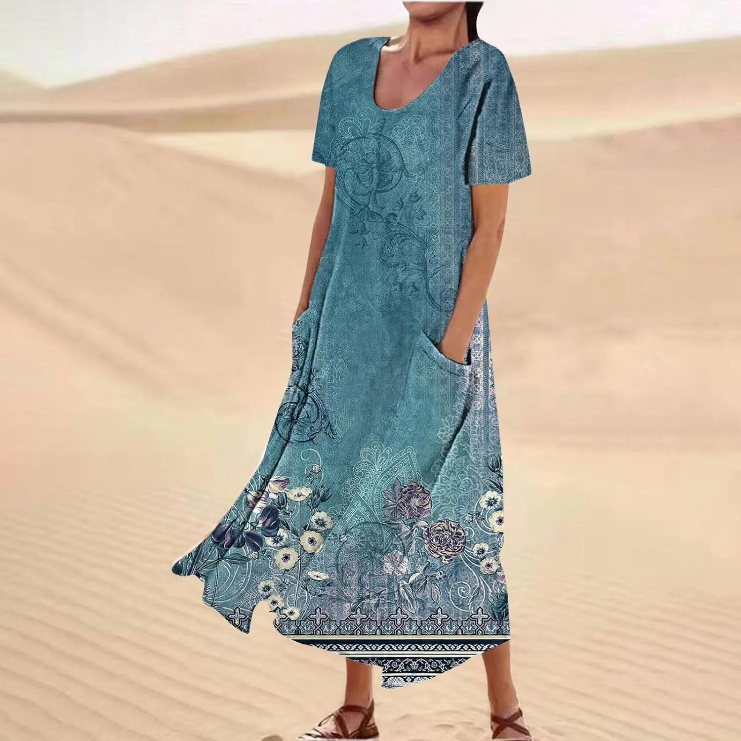 Casual Summer Boho Dress Sleeveless V Neck Flowy Tiered Ruffle Beach Maxi Sundress with Pockets Elastic Waist