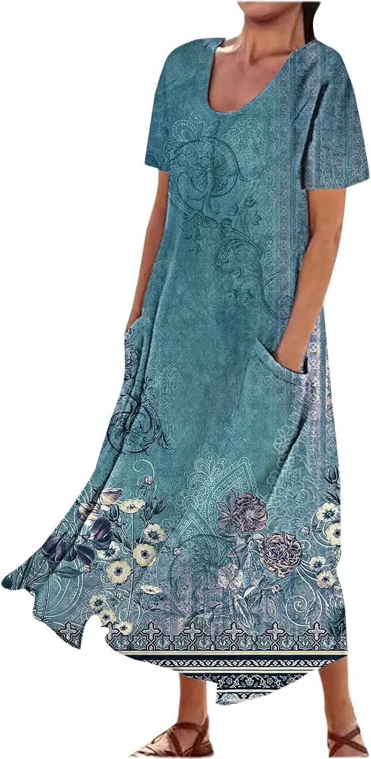 Casual Summer Boho Dress Sleeveless V Neck Flowy Tiered Ruffle Beach Maxi Sundress with Pockets Elastic Waist