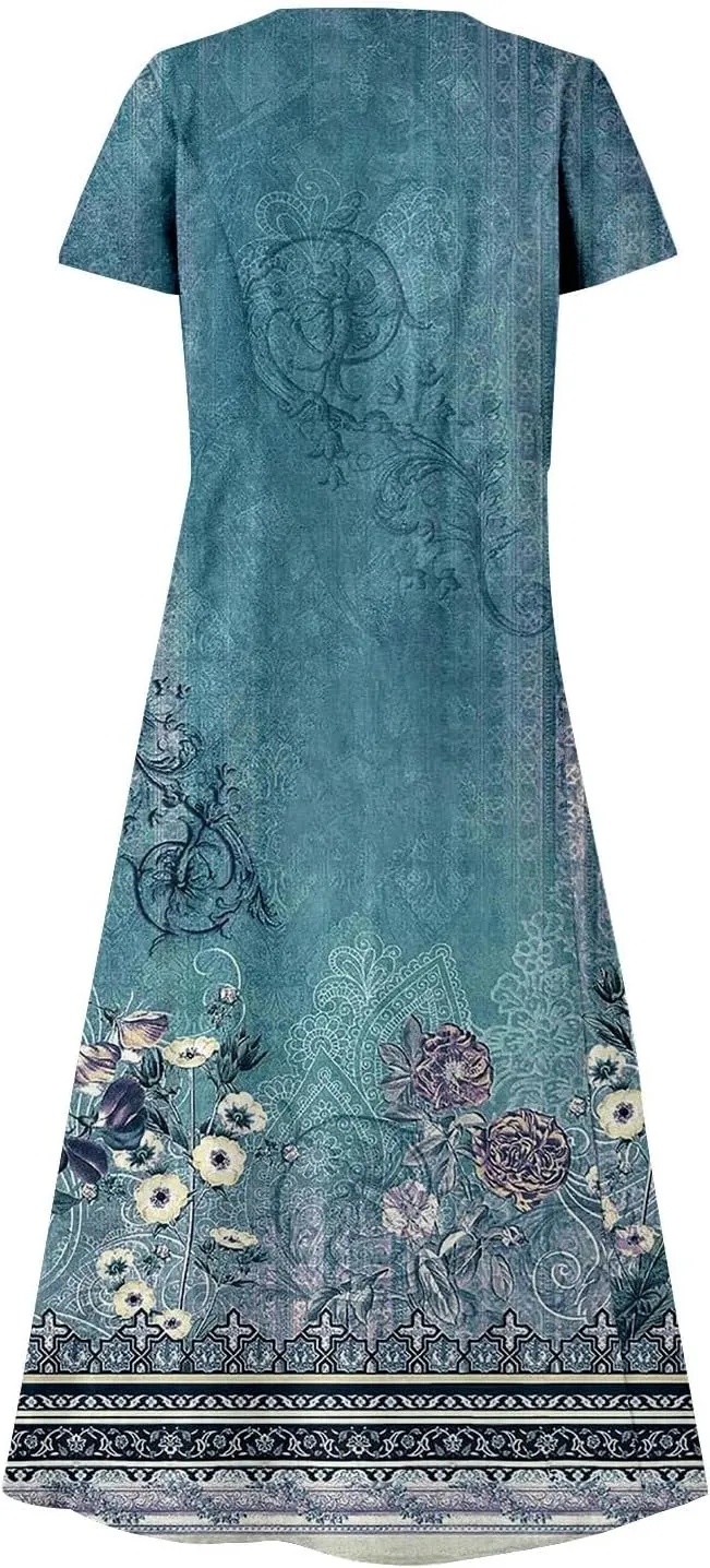 Casual Summer Boho Dress Sleeveless V Neck Flowy Tiered Ruffle Beach Maxi Sundress with Pockets Elastic Waist