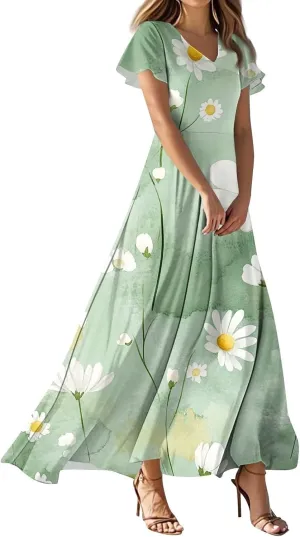 Casual Summer Dresses for Women 2025,Womens Classy Swing Flowy Ruffle Hem Swing Womens Dresses Chiffon Long Sundresses