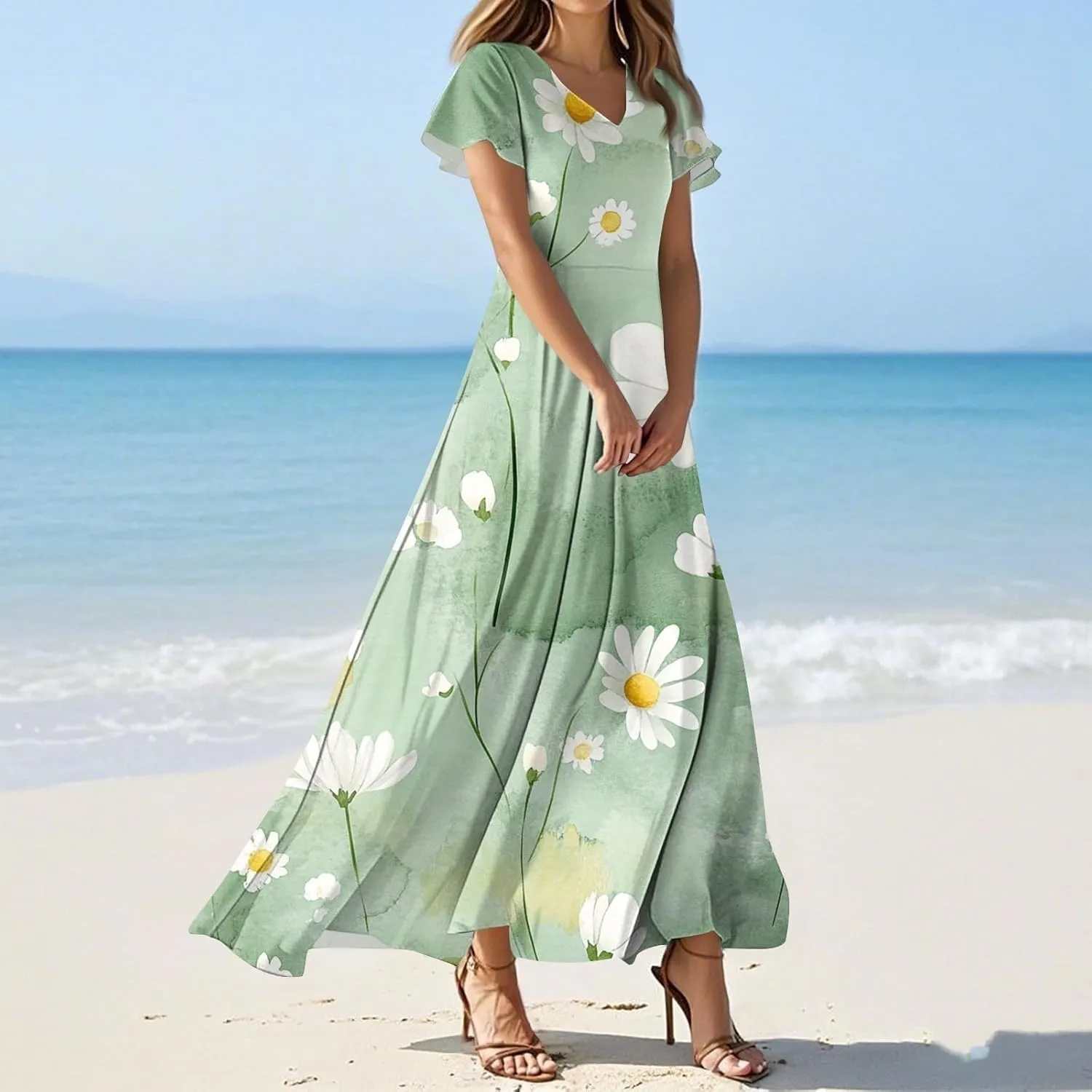 Casual Summer Dresses for Women 2025,Womens Classy Swing Flowy Ruffle Hem Swing Womens Dresses Chiffon Long Sundresses