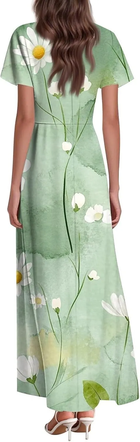 Casual Summer Dresses for Women 2025,Womens Classy Swing Flowy Ruffle Hem Swing Womens Dresses Chiffon Long Sundresses