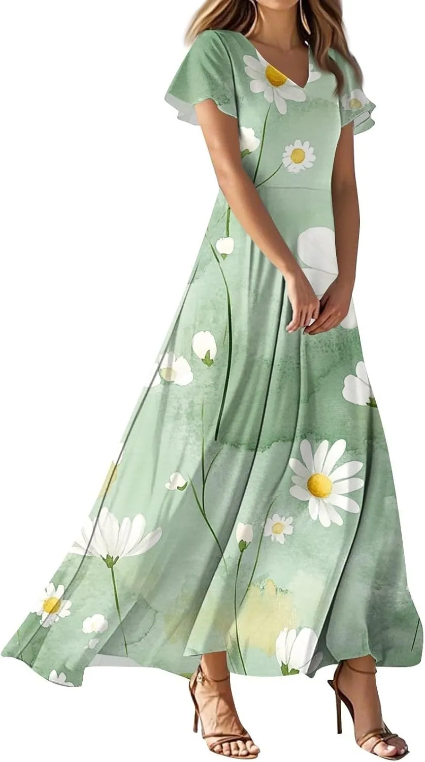 Casual Summer Dresses for Women 2025,Womens Classy Swing Flowy Ruffle Hem Swing Womens Dresses Chiffon Long Sundresses