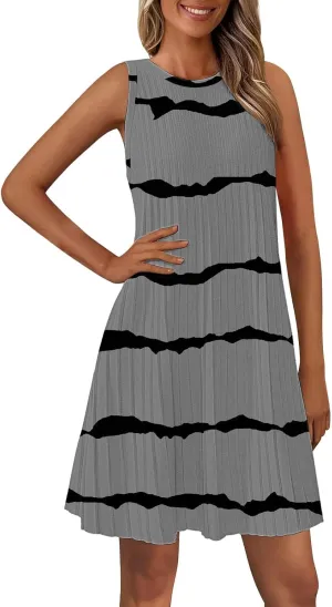 Casual Summer Dresses for Women 2025,Womens Trendy Wavy Stripes Mini Dress Boatneck Loose Fit Tank A Line Beach Dress