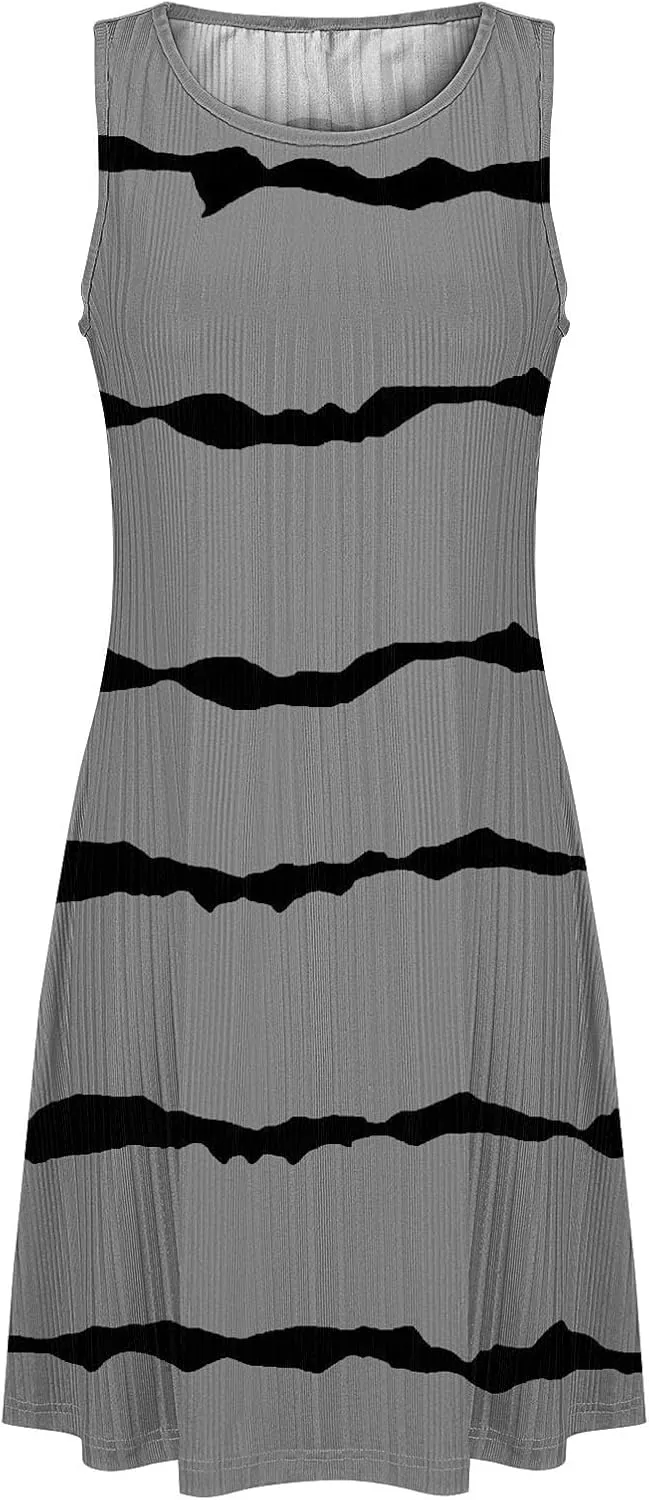 Casual Summer Dresses for Women 2025,Womens Trendy Wavy Stripes Mini Dress Boatneck Loose Fit Tank A Line Beach Dress