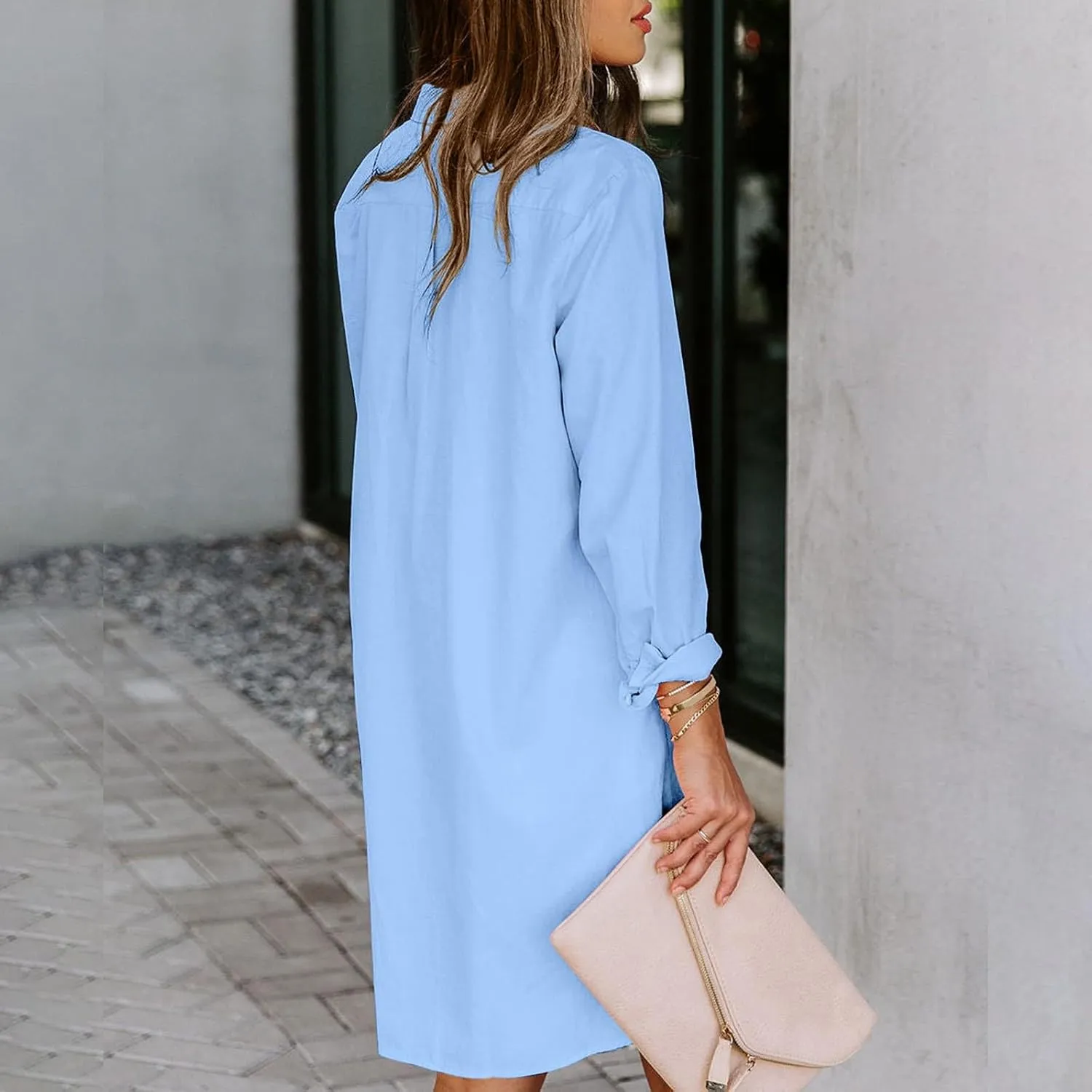 Casual Tunic Dress for Women Fashion Solid Long Sleeve Button Up T Shirt Dress Club Summer Baby Shower Outfit for Guest