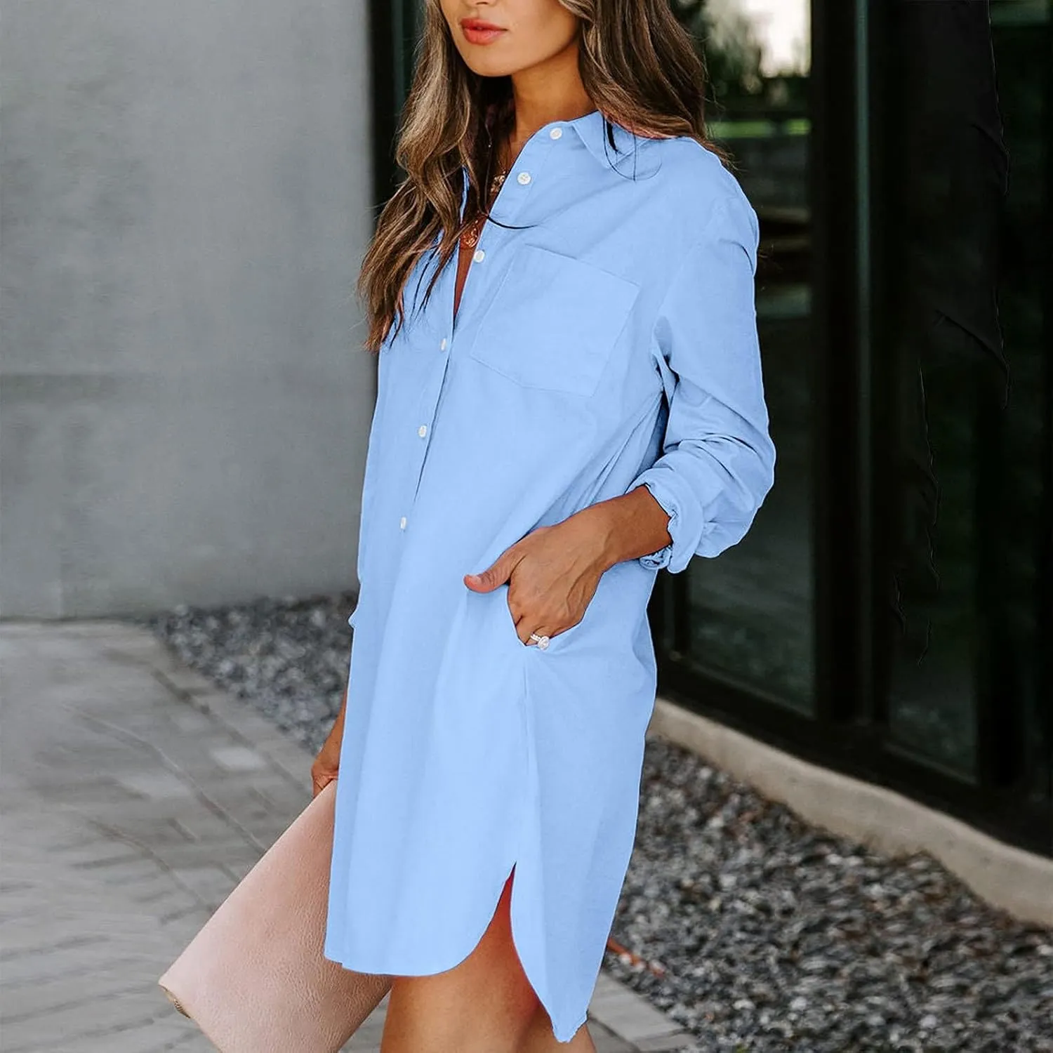 Casual Tunic Dress for Women Fashion Solid Long Sleeve Button Up T Shirt Dress Club Summer Baby Shower Outfit for Guest