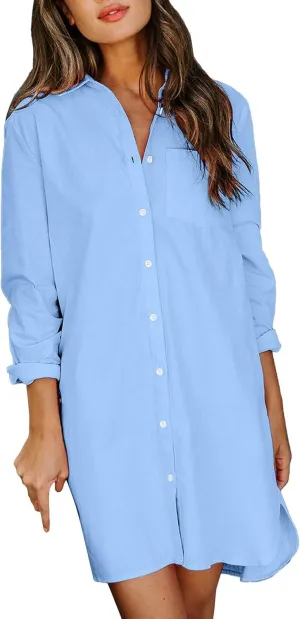 Casual Tunic Dress for Women Fashion Solid Long Sleeve Button Up T Shirt Dress Club Summer Baby Shower Outfit for Guest