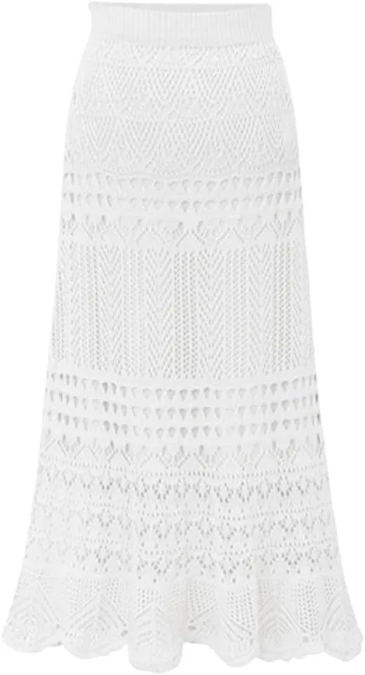 chouyatou Women's Stretched High Waist Crochet Hollow Out Knit Flowy Patterned Lace Maxi Skirt