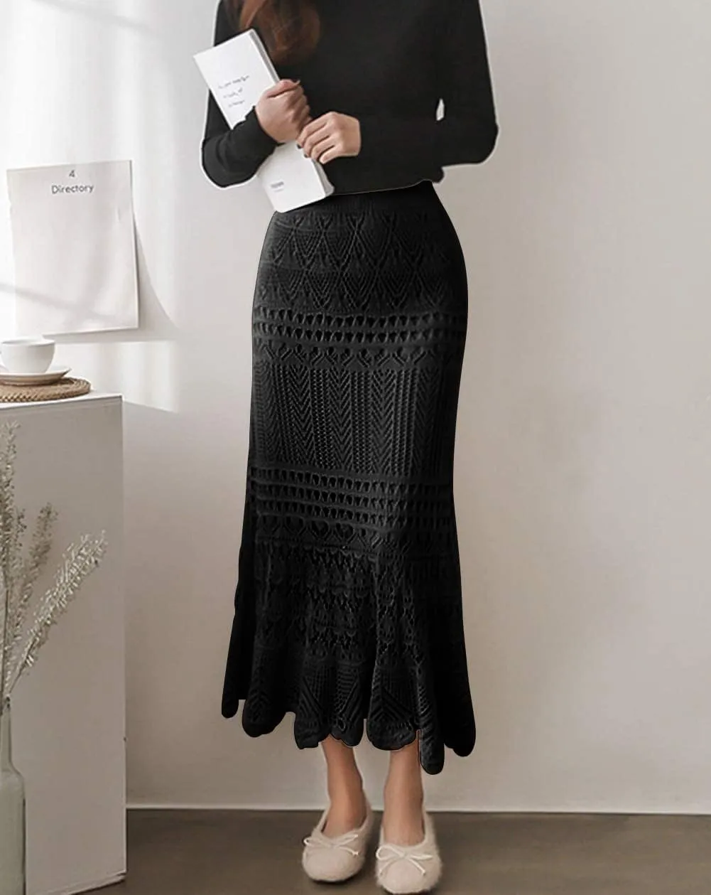 chouyatou Women's Stretched High Waist Crochet Hollow Out Knit Flowy Patterned Lace Maxi Skirt