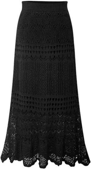 chouyatou Women's Stretched High Waist Crochet Hollow Out Knit Flowy Patterned Lace Maxi Skirt