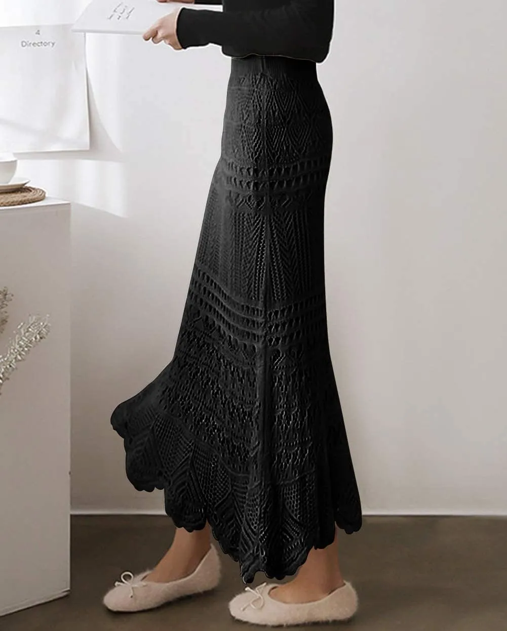 chouyatou Women's Stretched High Waist Crochet Hollow Out Knit Flowy Patterned Lace Maxi Skirt