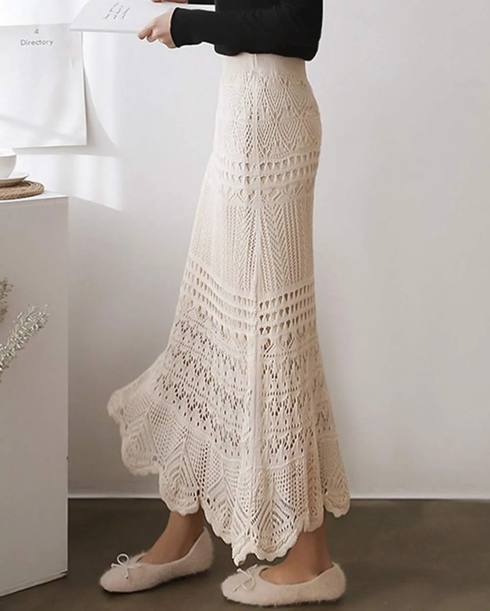 chouyatou Women's Stretched High Waist Crochet Hollow Out Knit Flowy Patterned Lace Maxi Skirt