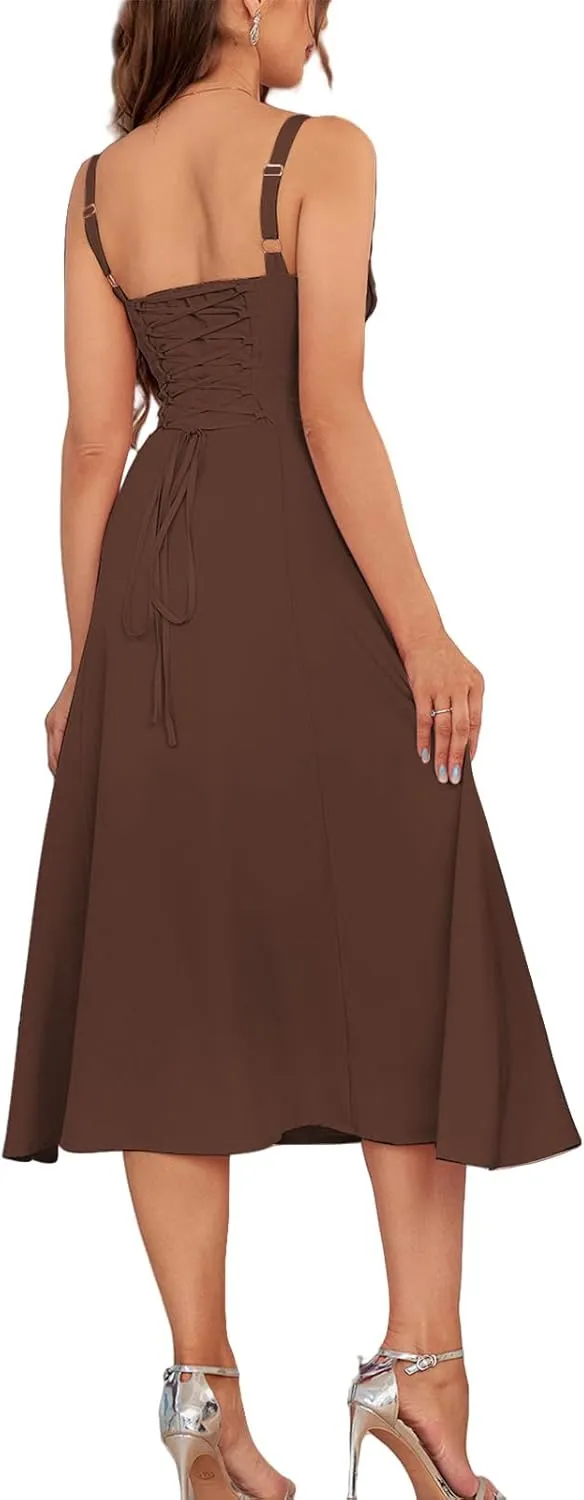 Corset Dress for Women Summer Sexy Backless Spaghetti Straps Square Neck Casual Midi Dress Flowy A-Line Beach Sundress