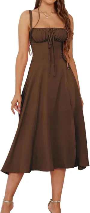 Corset Dress for Women Summer Sexy Backless Spaghetti Straps Square Neck Casual Midi Dress Flowy A-Line Beach Sundress