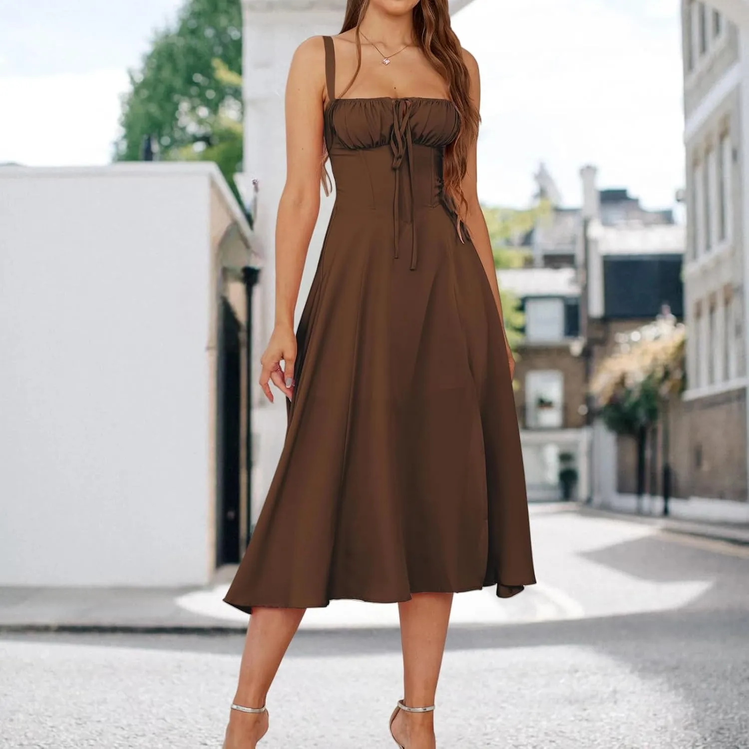 Corset Dress for Women Summer Sexy Backless Spaghetti Straps Square Neck Casual Midi Dress Flowy A-Line Beach Sundress