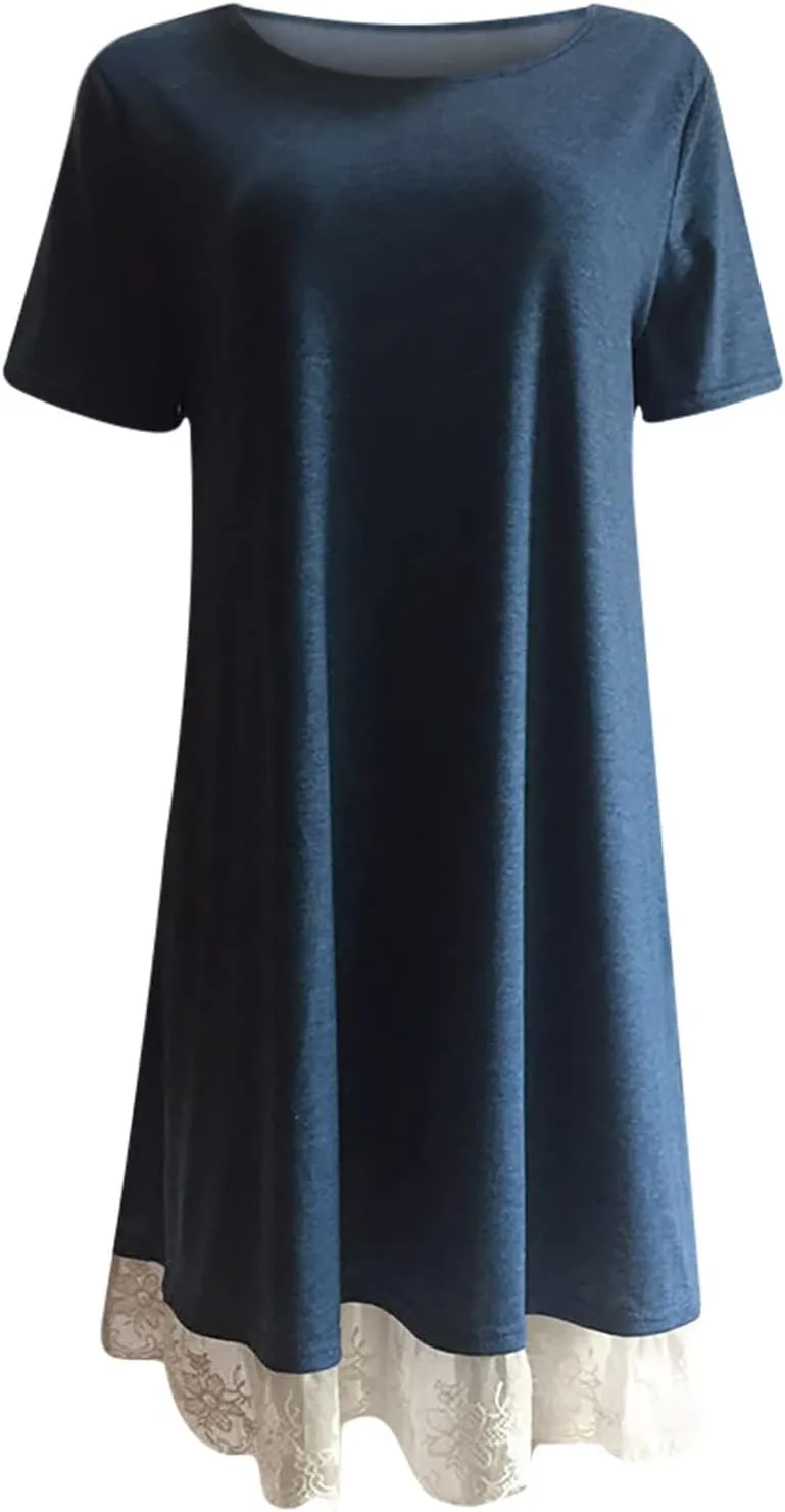 Cotton Dress for Women 2025 Summer Casual Loose Lace Hem Dresses Short Sleeve Tshirt Pajamas Gown for Homewear
