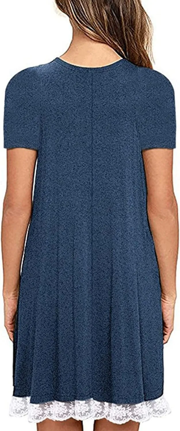 Cotton Dress for Women 2025 Summer Casual Loose Lace Hem Dresses Short Sleeve Tshirt Pajamas Gown for Homewear