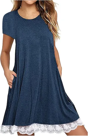 Cotton Dress for Women 2025 Summer Casual Loose Lace Hem Dresses Short Sleeve Tshirt Pajamas Gown for Homewear