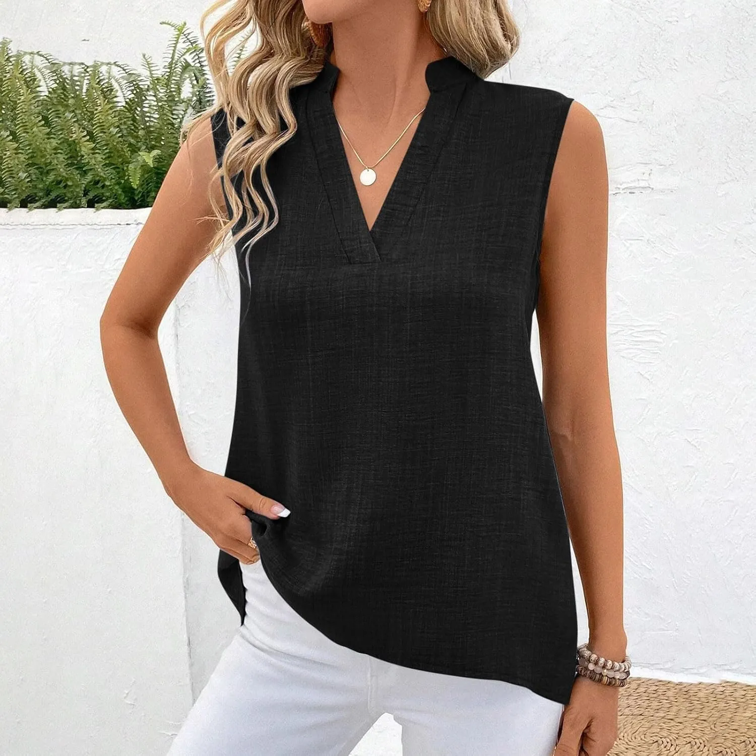 Cotton Linen Tank Tops for Women V Neck Sleeveless T-Shirts Fashion Loose Casual Tunic Summer Basic Blouses for Work