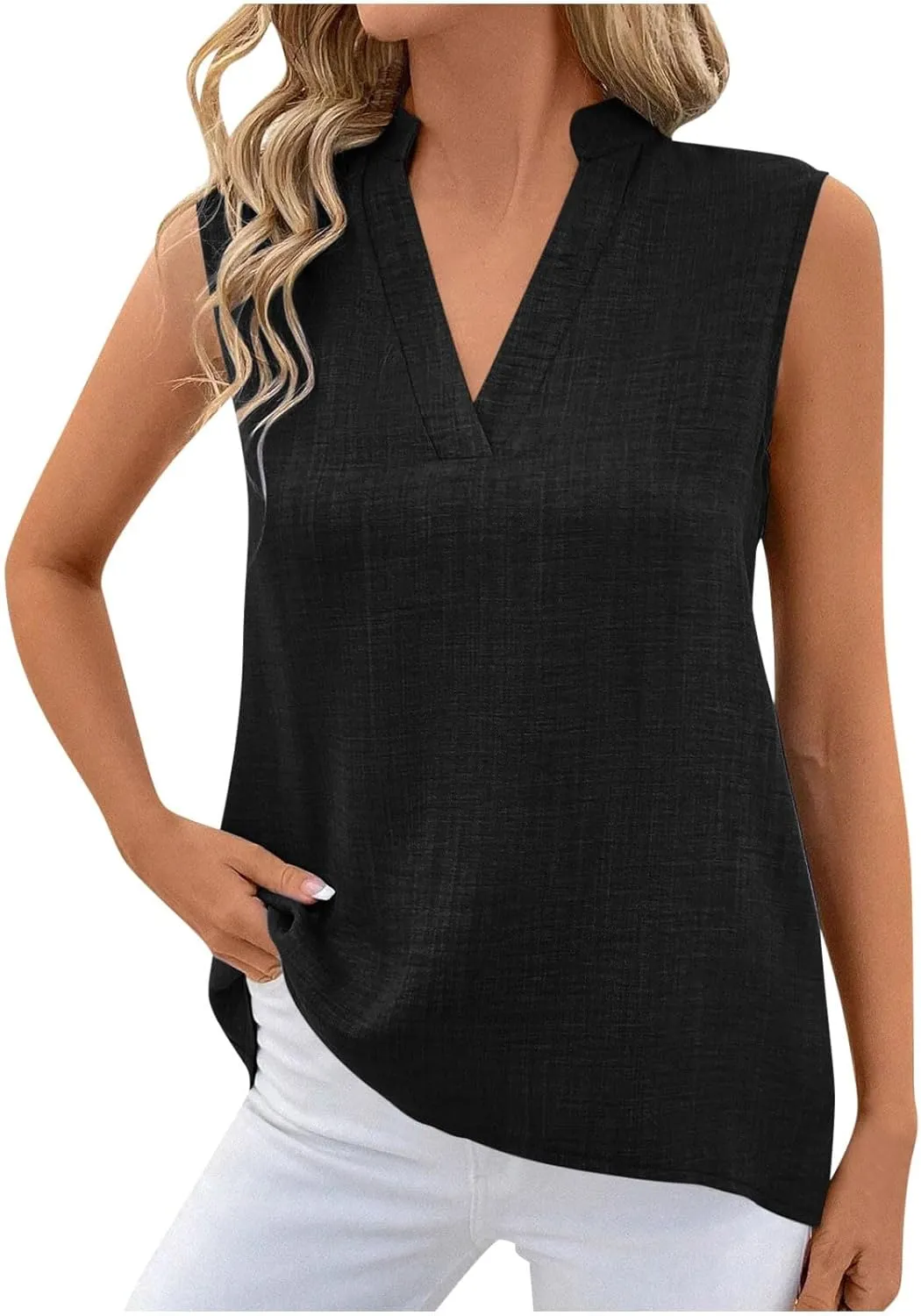 Cotton Linen Tank Tops for Women V Neck Sleeveless T-Shirts Fashion Loose Casual Tunic Summer Basic Blouses for Work