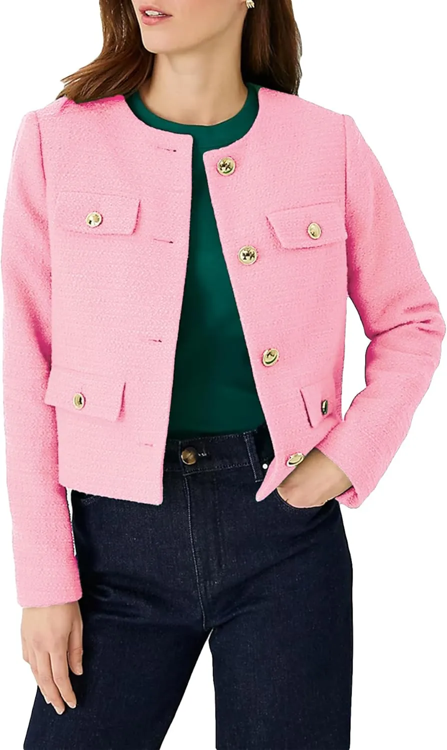 Cropped Tweed Blazer Jackets for Women Elegant Slim Collarless Business Casual Outfits Spring Jackets