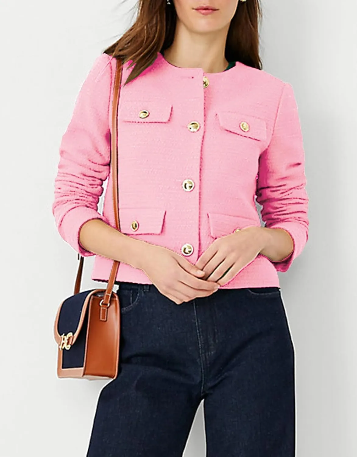 Cropped Tweed Blazer Jackets for Women Elegant Slim Collarless Business Casual Outfits Spring Jackets
