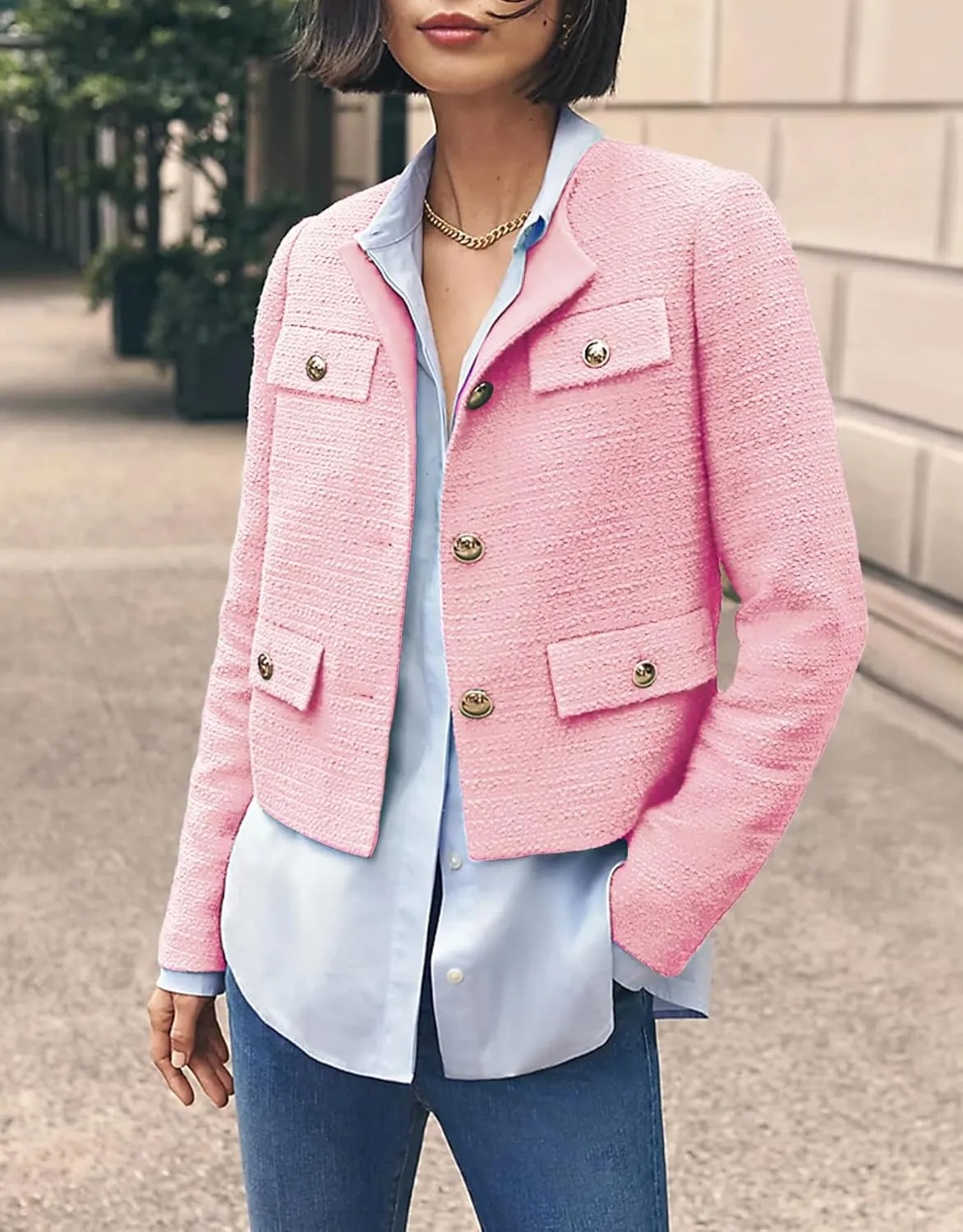 Cropped Tweed Blazer Jackets for Women Elegant Slim Collarless Business Casual Outfits Spring Jackets