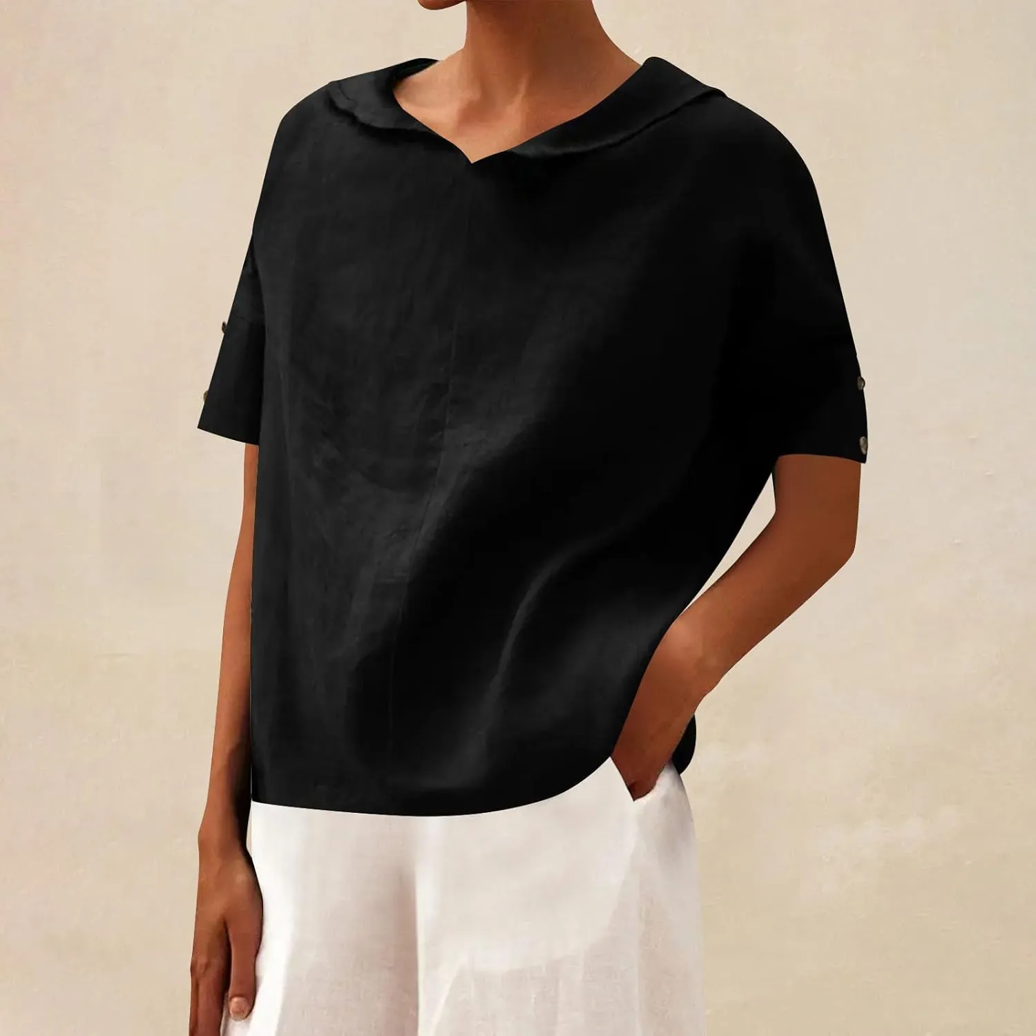Cute Sailor Collar Cotton Linen T-Shirt Women Button Trim Short Sleeve Casual Tee Tops Summer Lightweight Loose Fit Work Tees