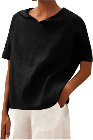 Cute Sailor Collar Cotton Linen T-Shirt Women Button Trim Short Sleeve Casual Tee Tops Summer Lightweight Loose Fit Work Tees