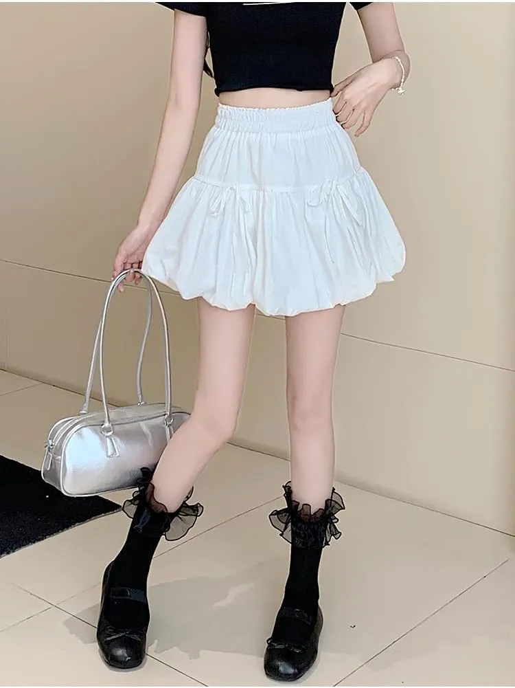 Cute Y2K Skirts for Women Summer Pleated Puff Mini Skirts Elastic Waist Coquette Aesthetic Short Skirts Kawaii Clothing