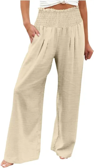 DASAYO Linen Pants Women Smocked High Waisted Wide Leg Pants with Pockets Ladies Palazzo Dressy Casual Summer Beach Outfits