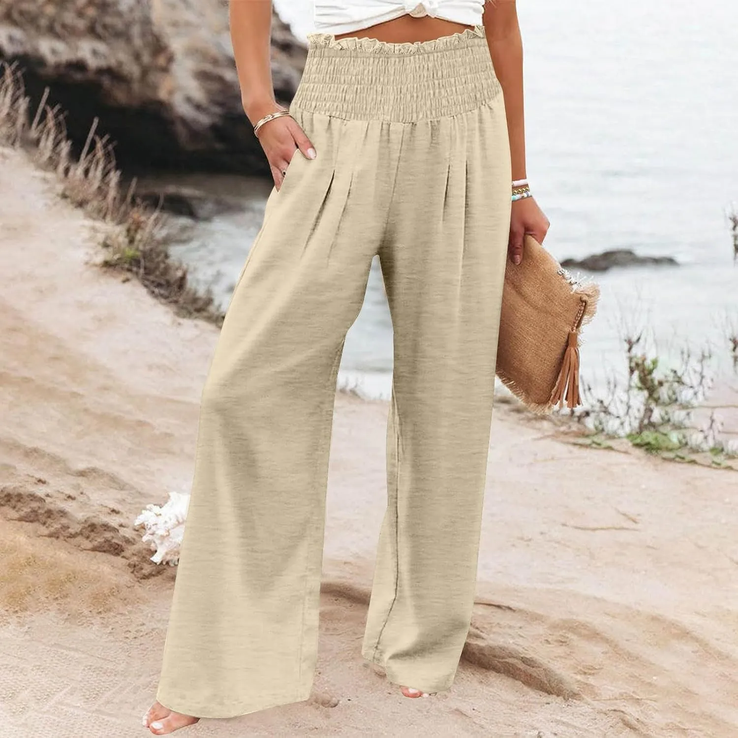 DASAYO Linen Pants Women Smocked High Waisted Wide Leg Pants with Pockets Ladies Palazzo Dressy Casual Summer Beach Outfits