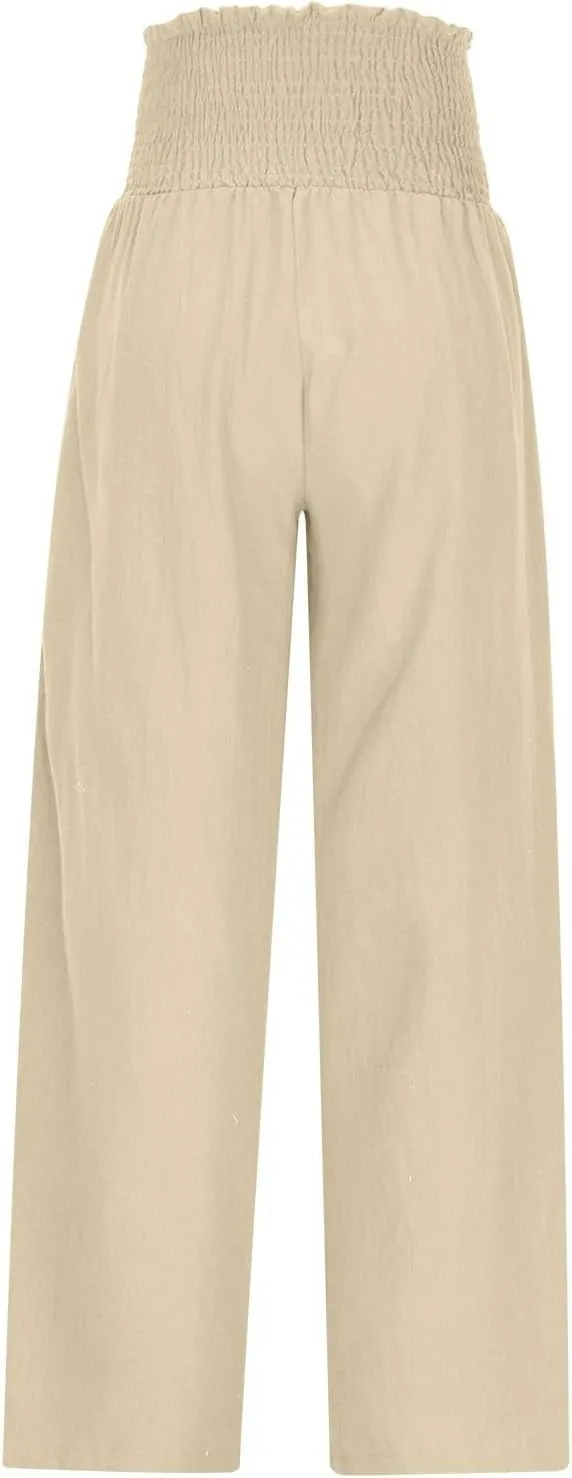 DASAYO Linen Pants Women Smocked High Waisted Wide Leg Pants with Pockets Ladies Palazzo Dressy Casual Summer Beach Outfits