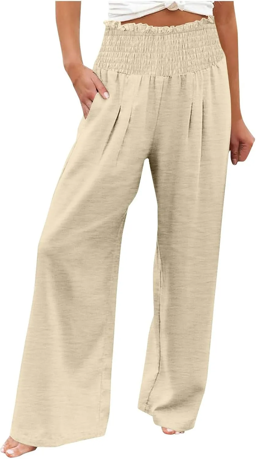 DASAYO Linen Pants Women Smocked High Waisted Wide Leg Pants with Pockets Ladies Palazzo Dressy Casual Summer Beach Outfits