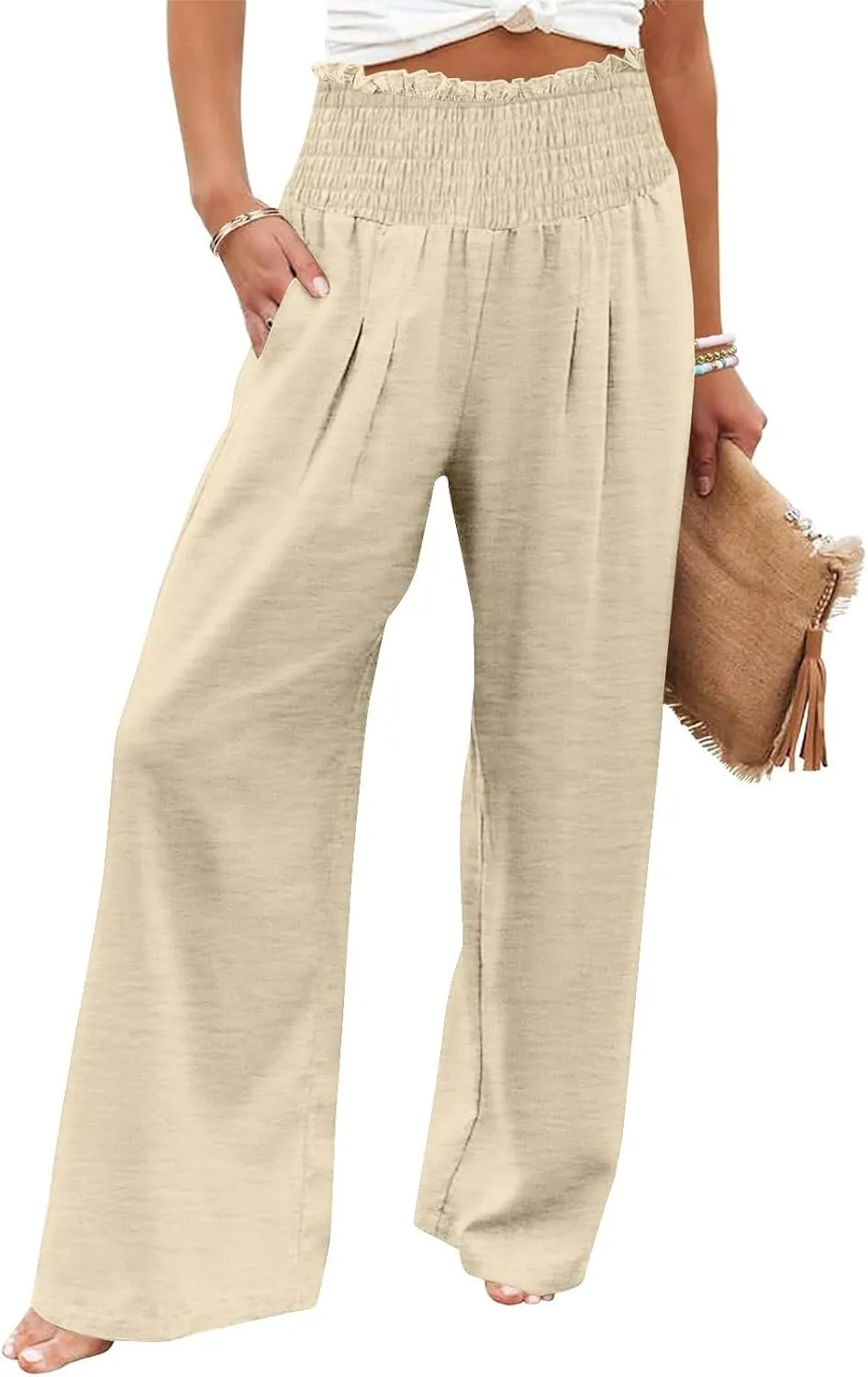 DASAYO Linen Pants Women Smocked High Waisted Wide Leg Pants with Pockets Ladies Palazzo Dressy Casual Summer Beach Outfits