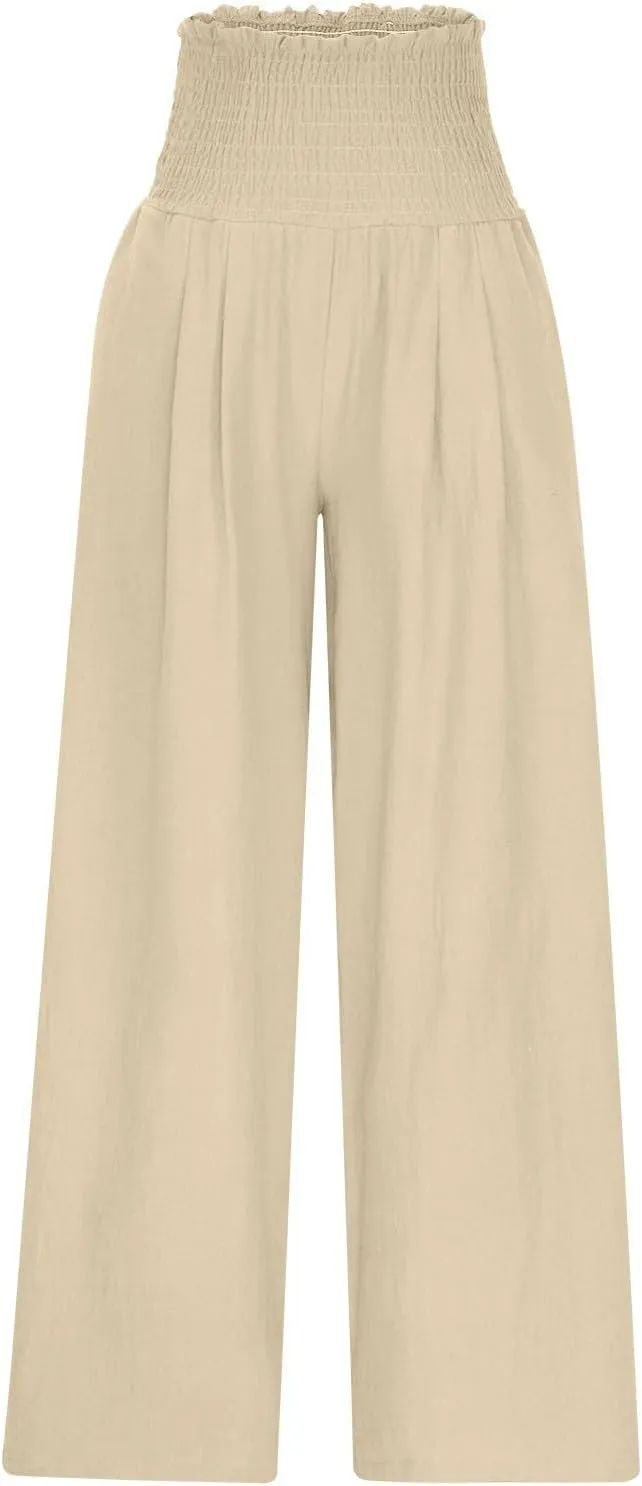 DASAYO Linen Pants Women Smocked High Waisted Wide Leg Pants with Pockets Ladies Palazzo Dressy Casual Summer Beach Outfits