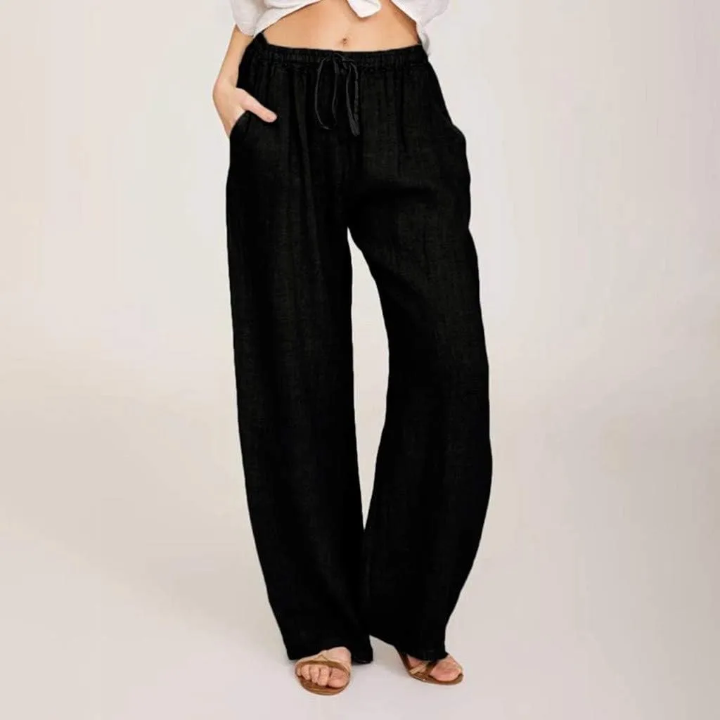 DASAYO Linen Pants Women Summer Wide Leg Pants Drawstring Elastic Waist Loose Palazzo Casual Boho Beach Trousers with Pcokets