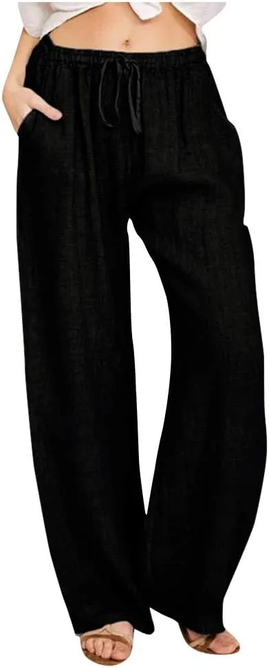 DASAYO Linen Pants Women Summer Wide Leg Pants Drawstring Elastic Waist Loose Palazzo Casual Boho Beach Trousers with Pcokets