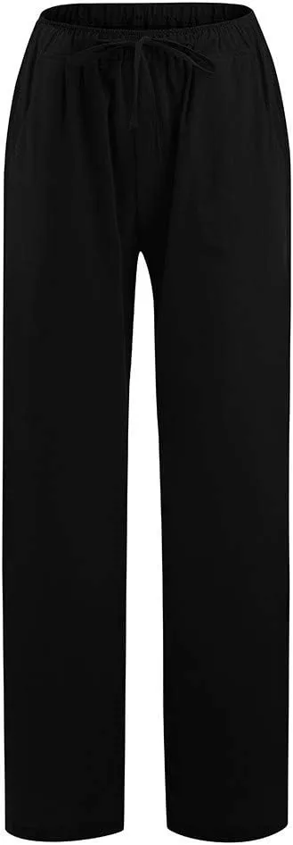 DASAYO Linen Pants Women Summer Wide Leg Pants Drawstring Elastic Waist Loose Palazzo Casual Boho Beach Trousers with Pcokets