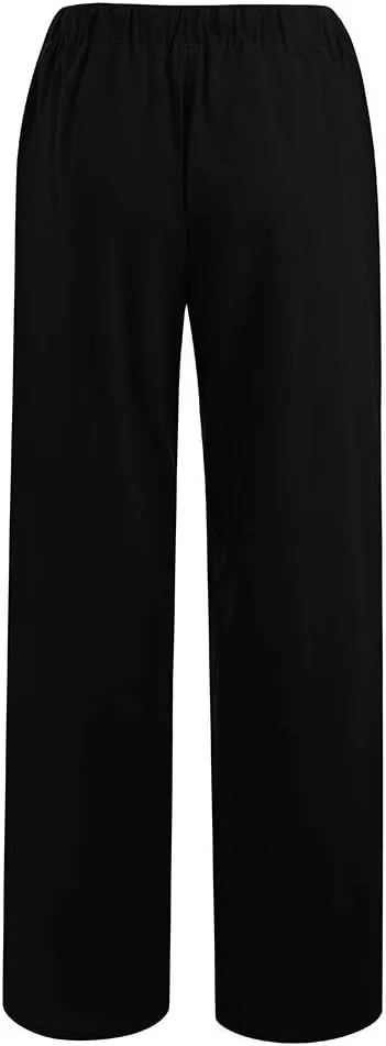 DASAYO Linen Pants Women Summer Wide Leg Pants Drawstring Elastic Waist Loose Palazzo Casual Boho Beach Trousers with Pcokets