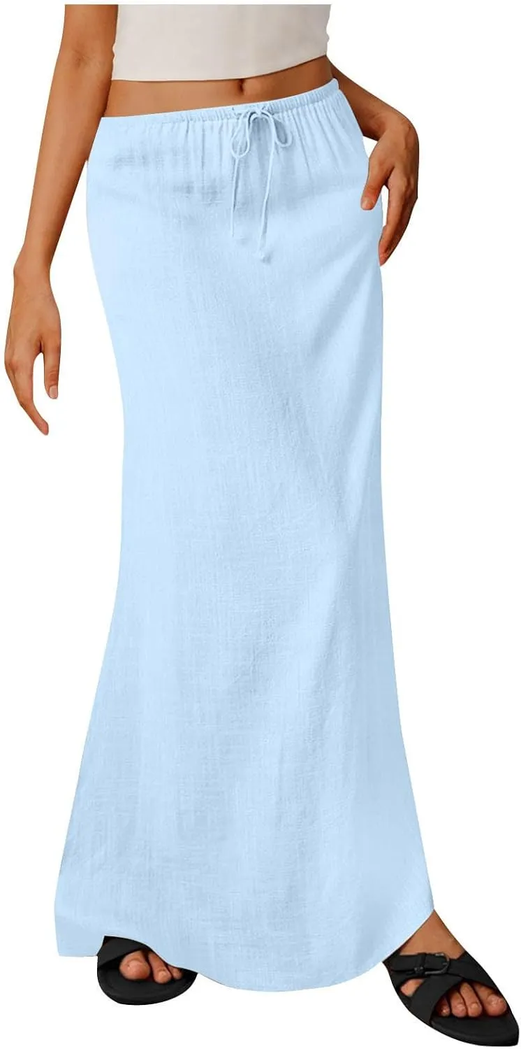 DDAPJ pyju Womens Linen Maxi Skirts Drawstring Waist A Line Skirts Beach Vacation Boho Long Skirt 2025 Summer Casual Outfits