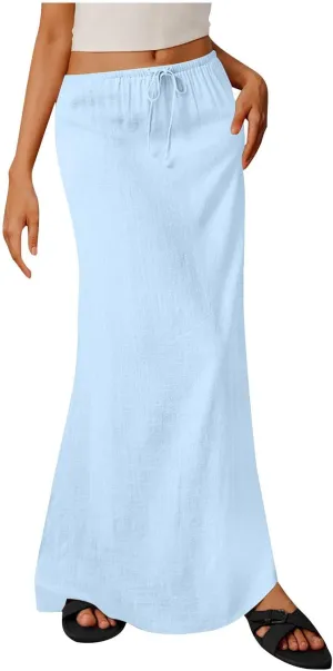 DDAPJ pyju Womens Linen Maxi Skirts Drawstring Waist A Line Skirts Beach Vacation Boho Long Skirt 2025 Summer Casual Outfits