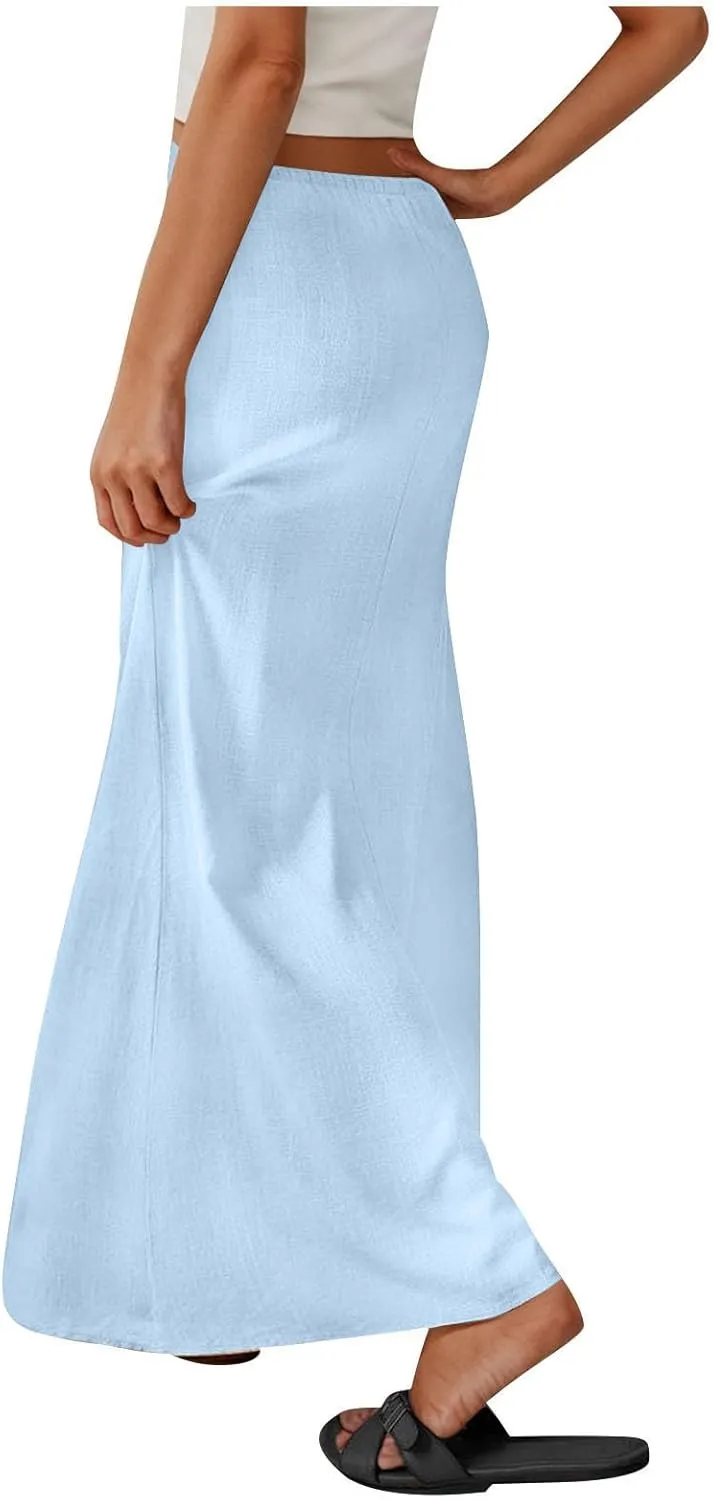 DDAPJ pyju Womens Linen Maxi Skirts Drawstring Waist A Line Skirts Beach Vacation Boho Long Skirt 2025 Summer Casual Outfits