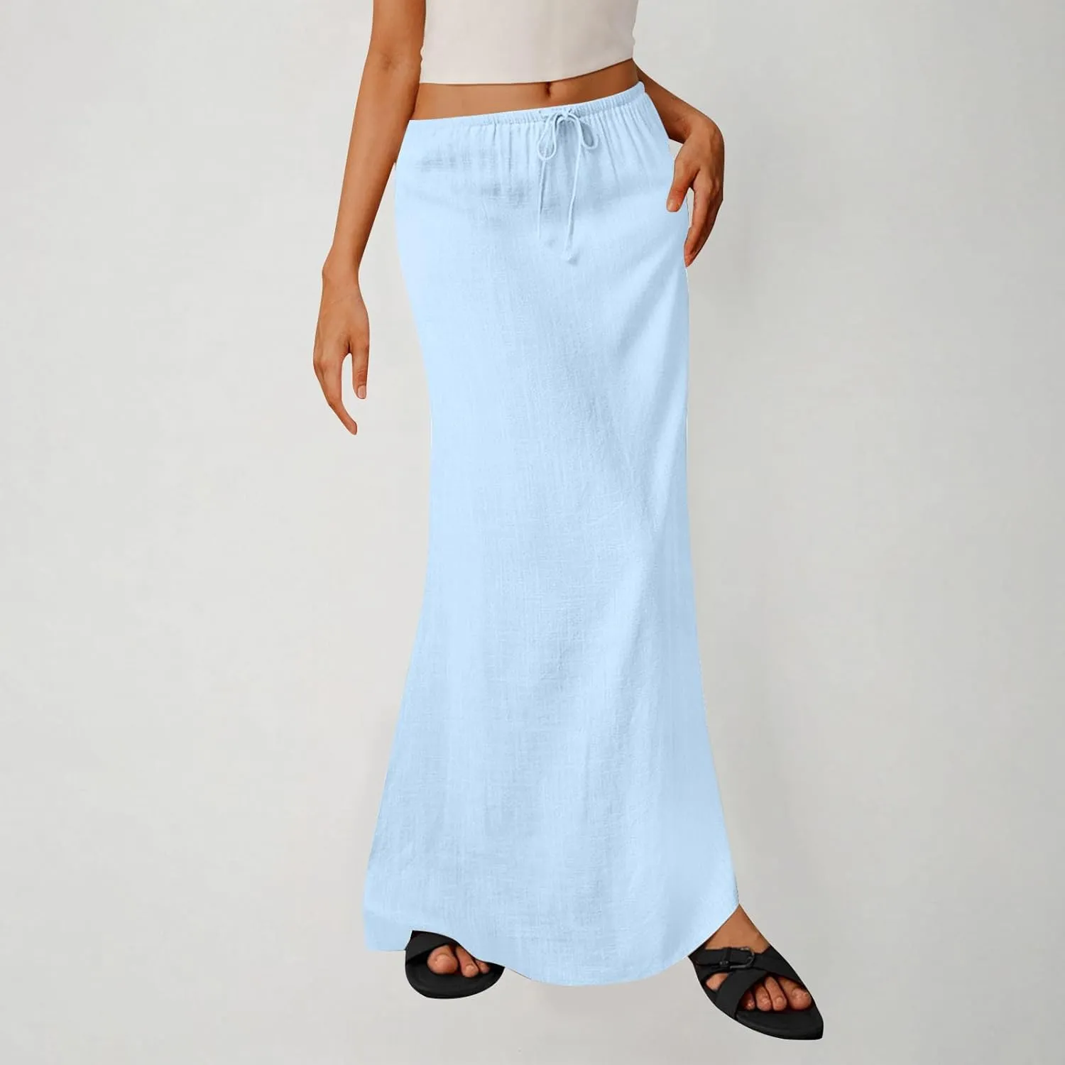 DDAPJ pyju Womens Linen Maxi Skirts Drawstring Waist A Line Skirts Beach Vacation Boho Long Skirt 2025 Summer Casual Outfits