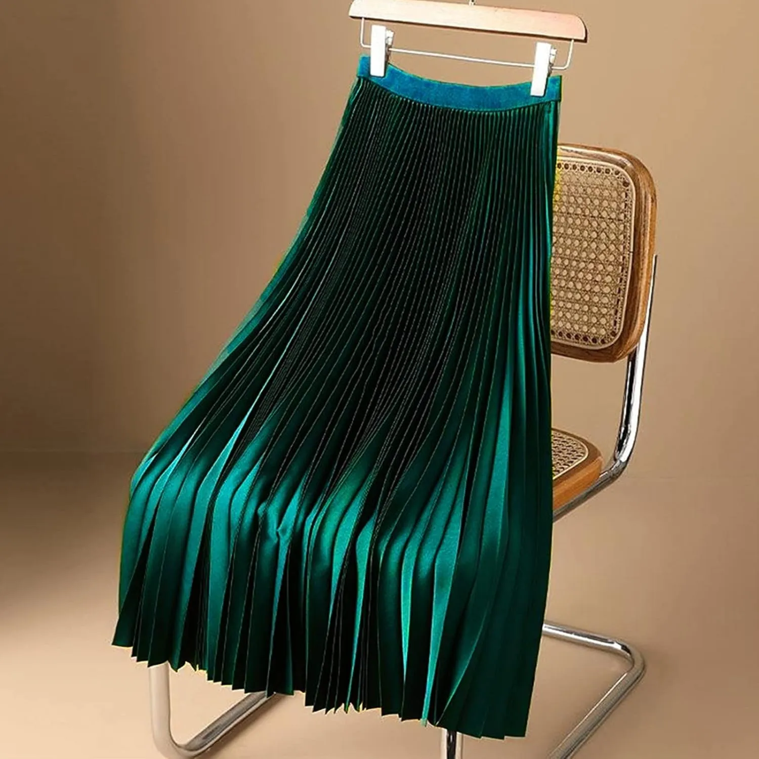 DDAPJ pyju Women's Pleated Maxi Skirt Satin Metallic Accordion Skirts Plus Size Casual High Waist Flowy A-Line Long Skirt