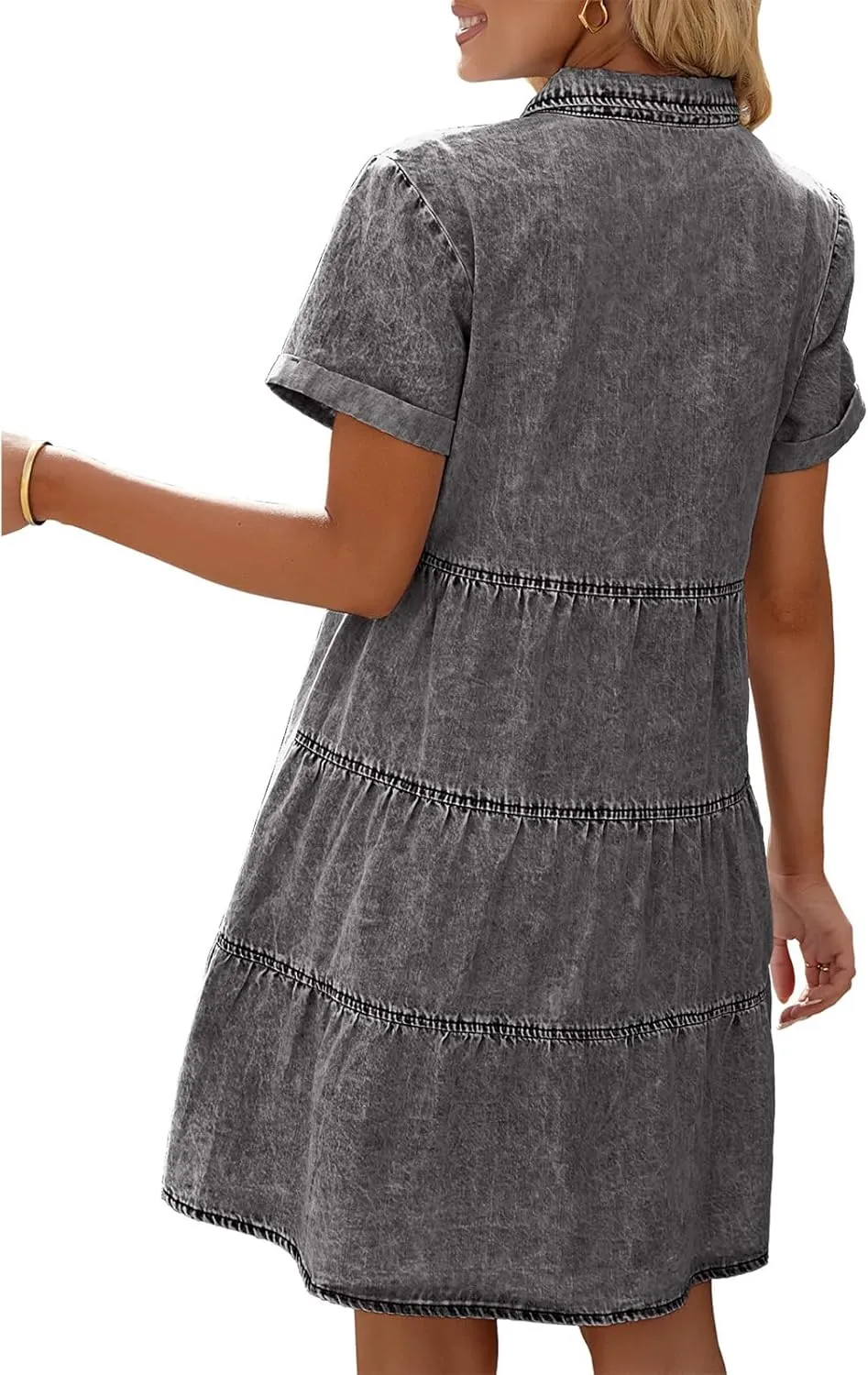 Denim Dress for Women Trendy Button Down Short Sleeve Midi Dresses Casual Babydoll Tiered Tunic Jean Shirt Dresses