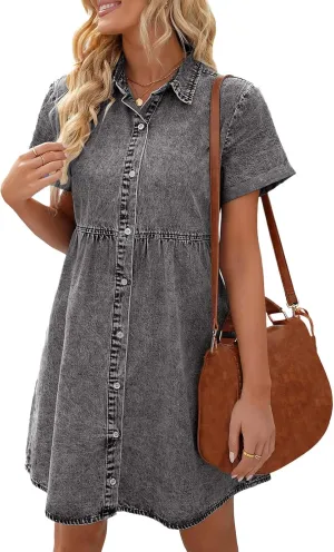 Denim Dress for Women Trendy Button Down Short Sleeve Midi Dresses Casual Babydoll Tiered Tunic Jean Shirt Dresses