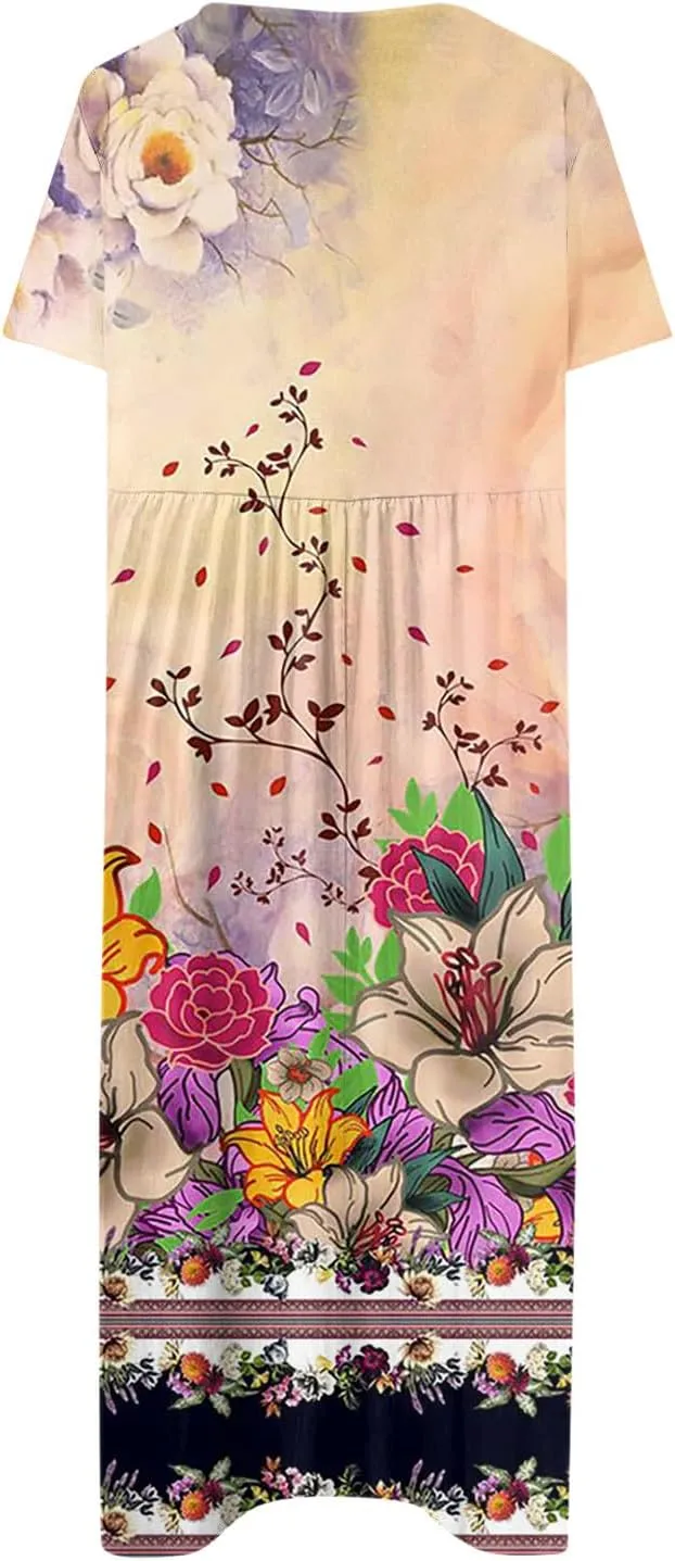 Dresses for Women 2024 Pleated Printed Dresses Round Neck Short Sleeve Maxi Dress Pocket Lightweight Long Dresses
